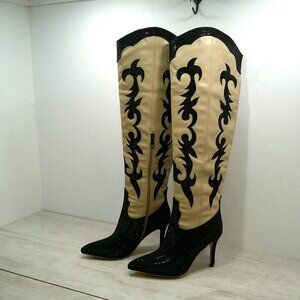 Sexy Knee-High Tall Cowgirl Western Boots Rhinestone Stiletto Heel Boots